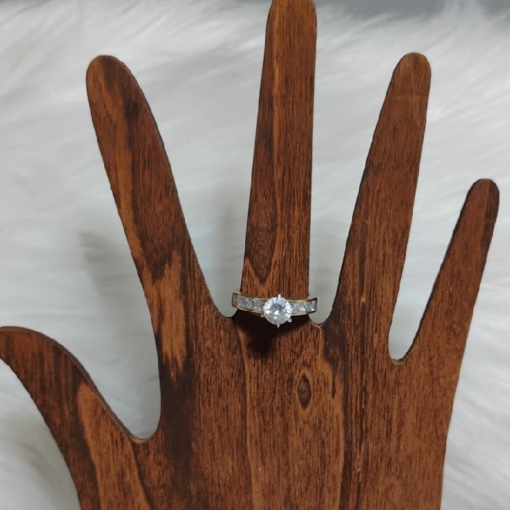 10k Yellow Solid Gold Ring W Clear Round Center & Baguette Accent Crystal Stones - Picture 4 of 15